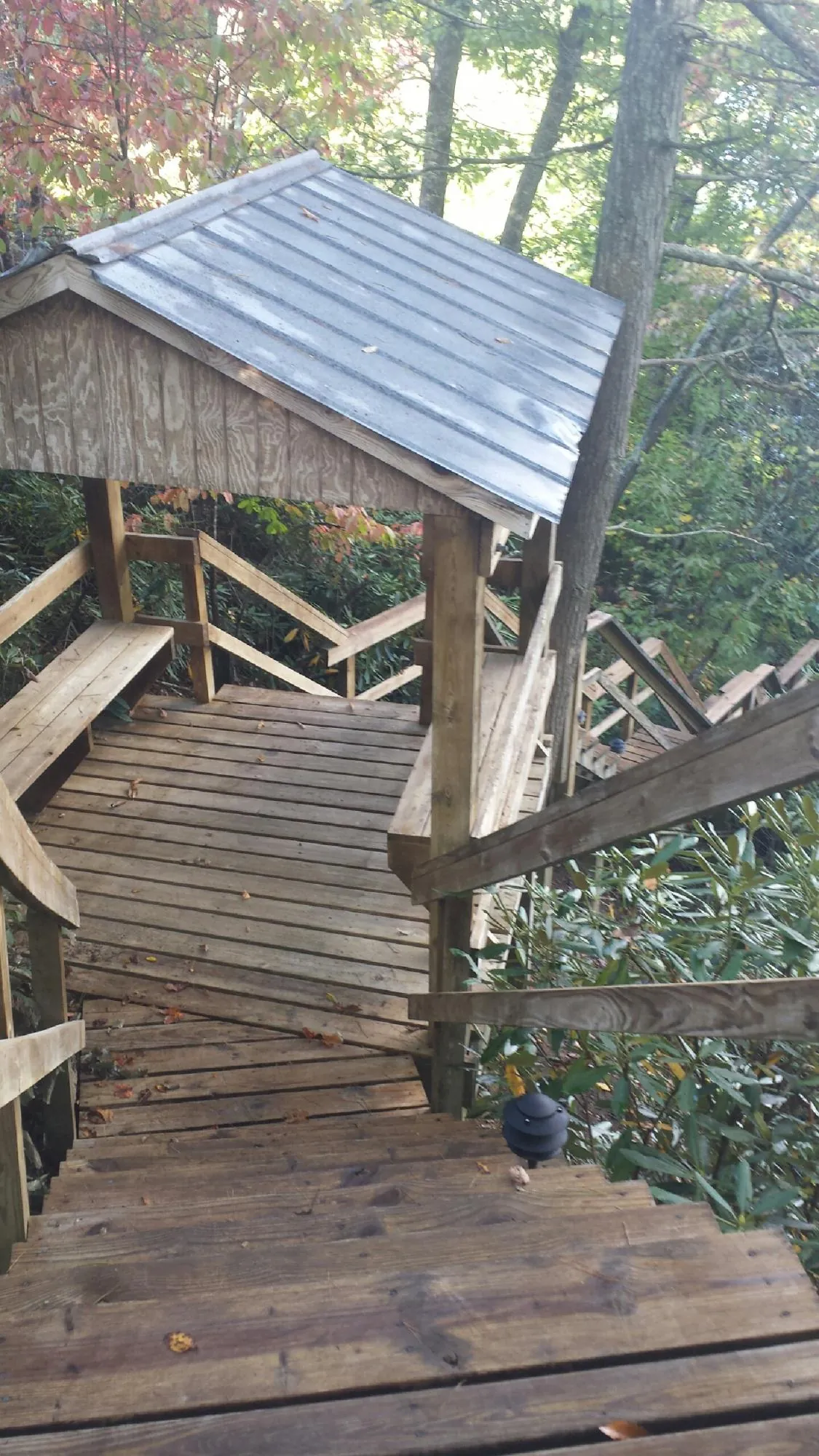 Metal roofed shelter over wooden steps on a wooded walkway — Skylight Repair & Installation work by our crew in Louise