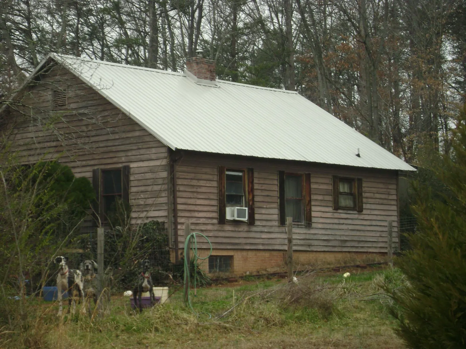 White metal roof on an old wood sided farmhouse, from a Metal Roof Installation job in Louise